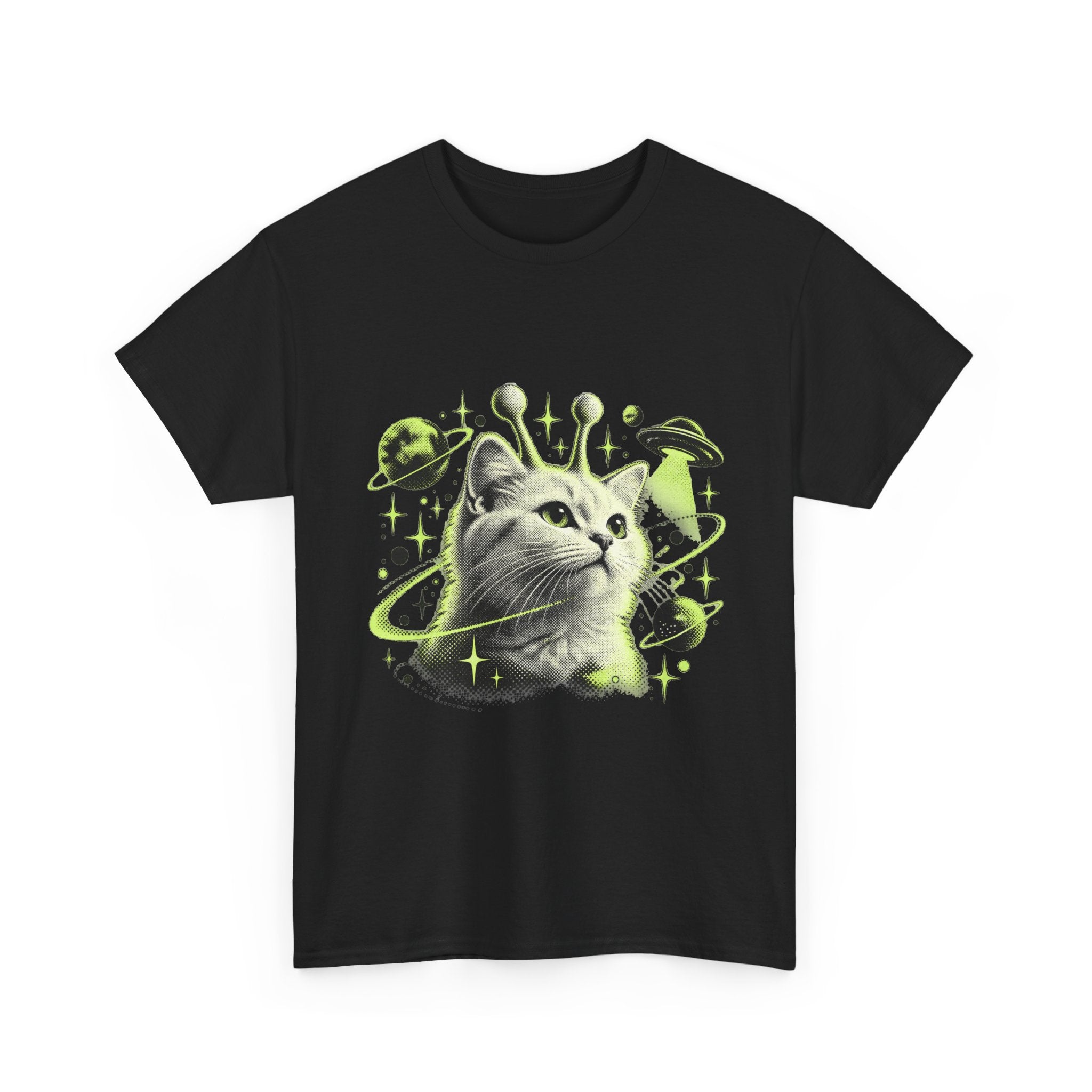 Cosmic cat galaxy graphic tee product mockup